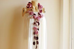 Pink Rose Scarf-Pastel Rose Scarf-Rose Crochet Scarf-Pink Lariat Necklace with Brown Leaves-Christmas Gift For... N4