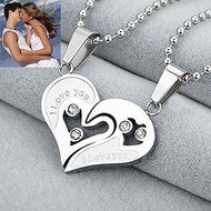 2PC Crystal Heart Love Lover Pendant Necklace Couple Chain Silver Plated Gift
