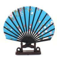 uxcell Flower Pattern Fabric Cloth Home Decor Folding Hand Fan w Holder Blue