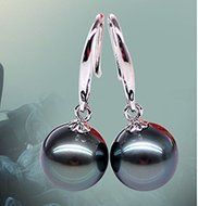 10mm Genuine Black South Sea Shell Pearl Sterling Silver Dangle Earrings AAA