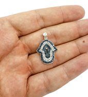 Hamsa Judaica Silver 925 Pendant White Blue Enamel Zircons Crystals Israel 1.2" N2