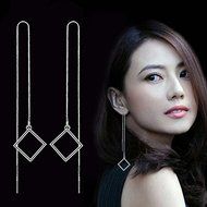 Womens 925 Sterling Silver Simple Triangle Square Rhombus Long Ear Stud Earrings N7
