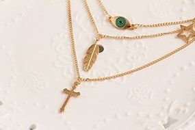 QTMY Gold Leaves Eye Feather Cross Star 3 layers Multilayer Necklace N5
