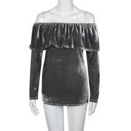 Women&#039;s Blouse,Laimeng Winter Velvet Long Sleeve Off Shoulder Flared Casual Tops Blouse (M, Gray)