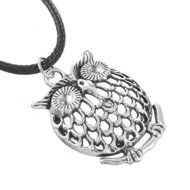 1PC Men's Women's Owl Silver Tone Pendant Necklaces Black Wax Rope Chain N3
