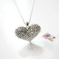 women Carved Heart Flower Long Chain Silver Tone Pendant Necklace gift N3