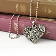 women Carved Heart Flower Long Chain Silver Tone Pendant Necklace gift N4