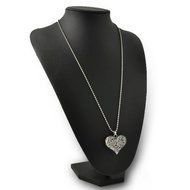 women Carved Heart Flower Long Chain Silver Tone Pendant Necklace gift N5