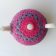 Crochet Tea Pot Cozy Hot Pink and Lavender Cotton Yarn N2