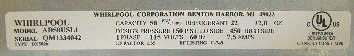 Whirlpool Gold AD50USS0 Dehumidifier 50 Pints 24 hours N2