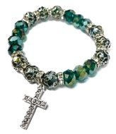 Green Crystal Beads Silver Rosary Hand Bracelet Ornament Zircons Cross Holy Land