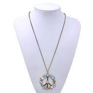 Vintage Nostalgic Retro Antiqued Bronze Peace Sign Pendant Necklace Long Chain N3