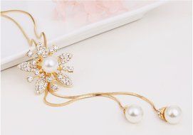 E.a@market Fashion Pearl Flower Long Necklace Pendant Sweater Chain for Women N3