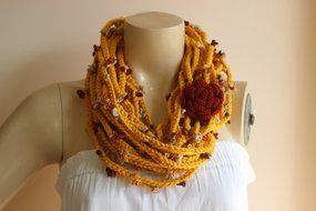 Mustard Infinity Scarf-crochet Infinity Scarf -Chain Crochet Scarf with Rose Brooch N2