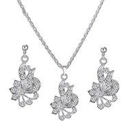 Elegant Silver Necklace Earrings Set Women Rhinestone Crystal Flower Pendant