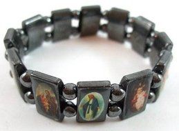 Hematite Black Flexible Bracelet with Saints Icons Mary / Jesus by Accessory