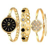 AutumnFall Women's Swarovski Crystal Accented Gold-Tone and Black Bangle Watch with Bracelet Set (609GB) N46