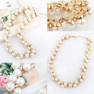 Fashion Jewelry Women Crystal Bib Pearl Statement Chunky Choker Pendant Necklace N2