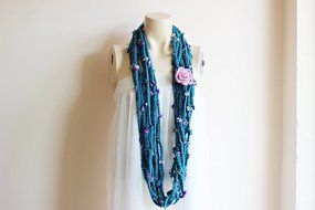 Teal Infinity Scarf-crochet Infinity Scarf -Chain Crochet Scarf with Pink Rose Pin N2