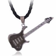 Unisex Rock Guitar Stainless Steel Pendent Necklace Men Black Leather Jewelry
