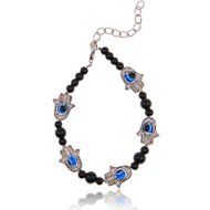 Vinatge Hamsa Fatima Hand Evil Eye Tibetan Silver Beaded Charm Chain Bracelet N2