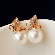 New Fashion Jewelry Women Crystal Gold Butterfly Pearl Ear Stud Earrings Gift N3