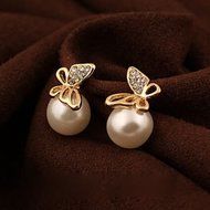 New Fashion Jewelry Women Crystal Gold Butterfly Pearl Ear Stud Earrings Gift N4