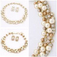 Fashion Women Generous Pearl Fashion Choker Statement Bib Necklace Earrings Sets N2
