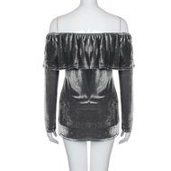 Women&#039;s Blouse,Laimeng Winter Velvet Long Sleeve Off Shoulder Flared Casual Tops Blouse (M, Gray) N2