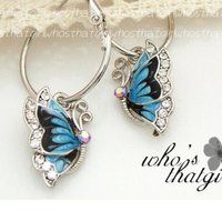 Butterfly Dangle Blue Crystal Rhinestone Enamel Hoop Earrings GIFT WOMEN 1Pair N4