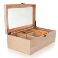 Wood Tea Box &ndash; Tea Bag Organizer &ndash; 8 Compartment Storage Chest with Clear Glass Lid &amp; Front Hook &ndash; Caddy for Jewelry...