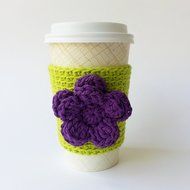 Crochet Coffee Cozy - Green with Purple Flower