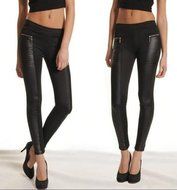 PHOTNO Women Leather Look Panel Leggings Jeggings Zip Stretch Trousers Black
