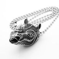 Mens Punk Silver Stainless Steel Rhino Head Charm Pendant Necklace Chain