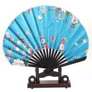 uxcell Flower Pattern Fabric Cloth Home Decor Folding Hand Fan w Holder Blue N2