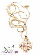 Gold Plated Jerusalem Cross Pendant Necklace Pink Sapphire &amp; Zircon Gems 0.7"