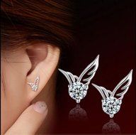 Fashion Women Sterling Silver Jewelry Angel Wings Crystal Ear Stud Earrings N2