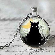 Vintage black cat Cabochon Silver plated Glass Chain Pendant Necklace/new N2