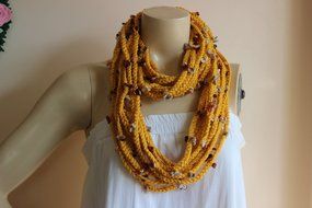 Mustard Infinity Scarf-crochet Infinity Scarf -Chain Crochet Scarf with Rose Brooch N4