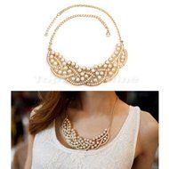 New Hot Design Fashion Pearl Hollowed Golden Choker Bib Collar Necklace Pendant N4
