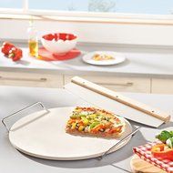 Leifheit Round Ceramic Pizza Stone with Carrying Tray and Large Slicer, 33cm, Gray N2