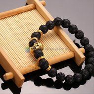 Men Women Golden Skull/Black Lava Rock Beaded Shamballa Stretch Energy Bracelet N2