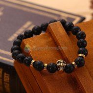 Men Women Golden Skull/Black Lava Rock Beaded Shamballa Stretch Energy Bracelet N3