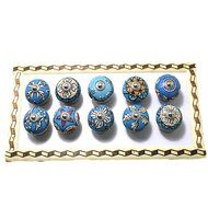 BLUE NIGHT Hand Painted knobs With Beautiful Leaf and Flower Design Pulls Set Of 10