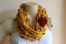 Mustard Infinity Scarf-crochet Infinity Scarf -Chain Crochet Scarf with Rose Brooch N5