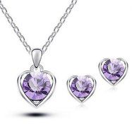 Silver Purple Women's Polished Jewelry Heart Crystal Pendant Necklace Ear Studs Earrings Set