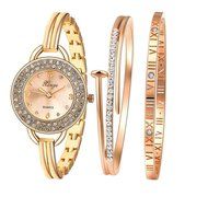 AutumnFall Women's Swarovski Crystal Accented Gold-Tone and Black Bangle Watch with Bracelet Set (609GB) N57