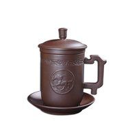 Chinese Yixing Zisha Handcraft Tea Cup Mug Engraved Horse Cup 400cc with Infuser and Saucer