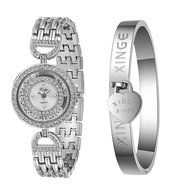 AutumnFall Women&#039;s Swarovski Crystal Accented Gold-Tone and Black Bangle Watch with Bracelet Set (609GB) N64
