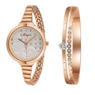 AutumnFall Women&#039;s Swarovski Crystal Accented Gold-Tone and Black Bangle Watch with Bracelet Set (609GB) N66